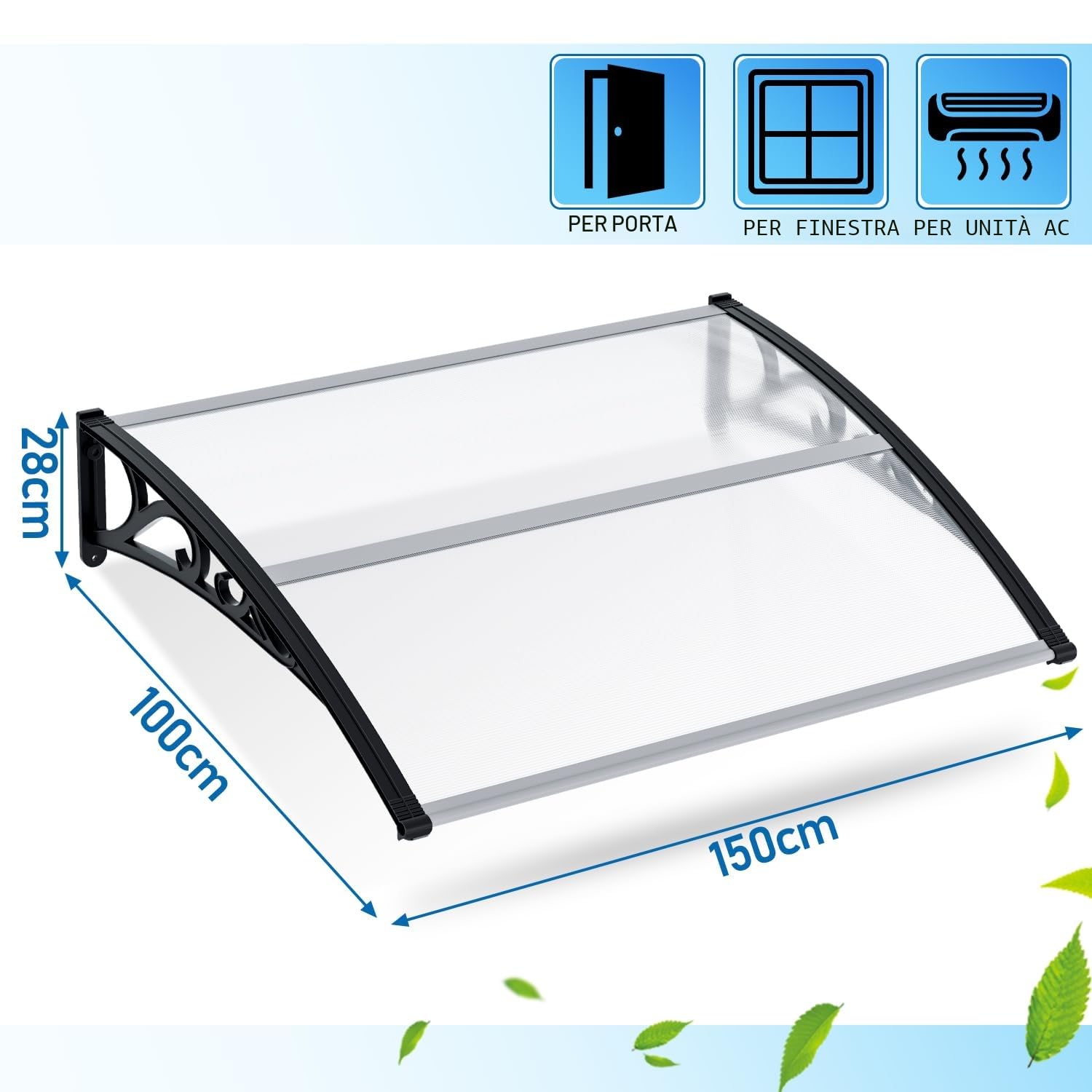 Sonnewelt Pensilina per Porta d'Ingresso 100x150 cm, Tetto in Policarbonato Alveolare 5 mm Trasparente con Struttura ABS, Tettoia ad Arco, Protezione Esterna dalla Pioggia e dal Sole