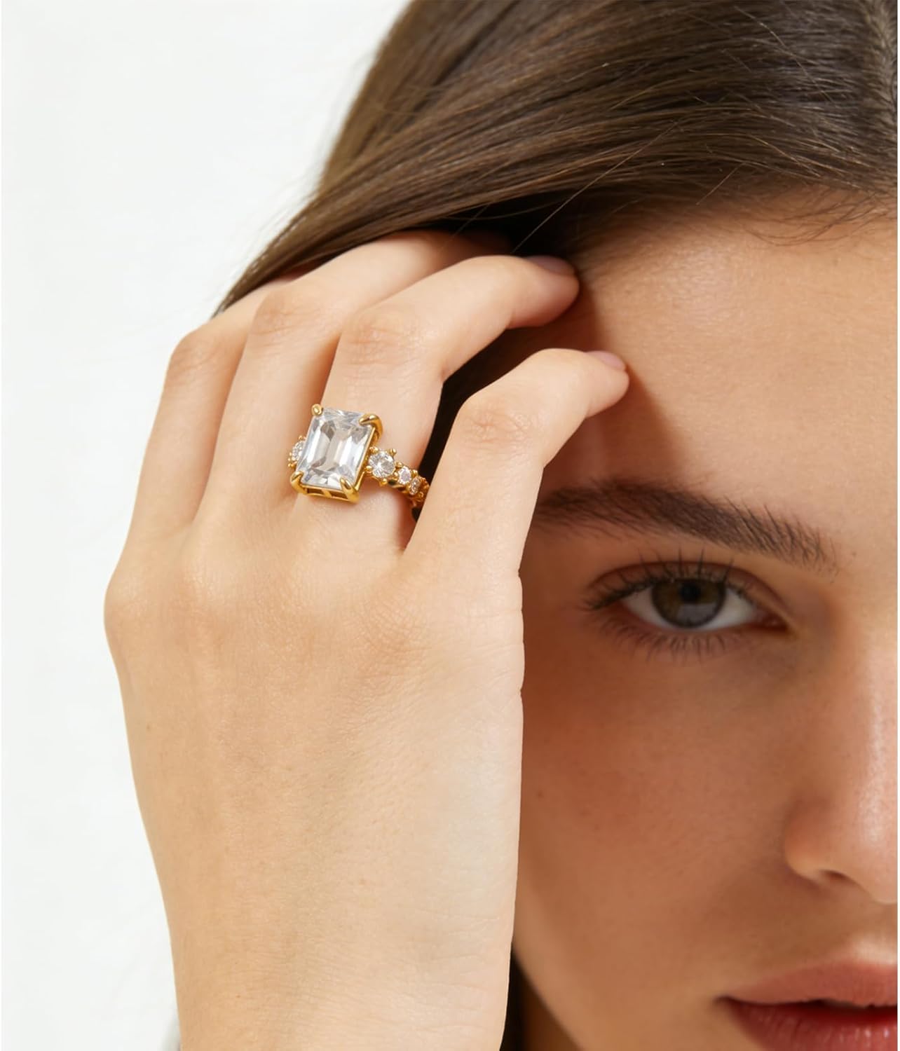 CZ 925 Sterling Silver Gold Plated Engagement Ring for Women,Radiant Cut Cubic Zirconia Minimalist Band Rings Jewelry Gifts for Her,Dainty Simple Promise Ladies' Ring for Wedding Daily Size:6-10
