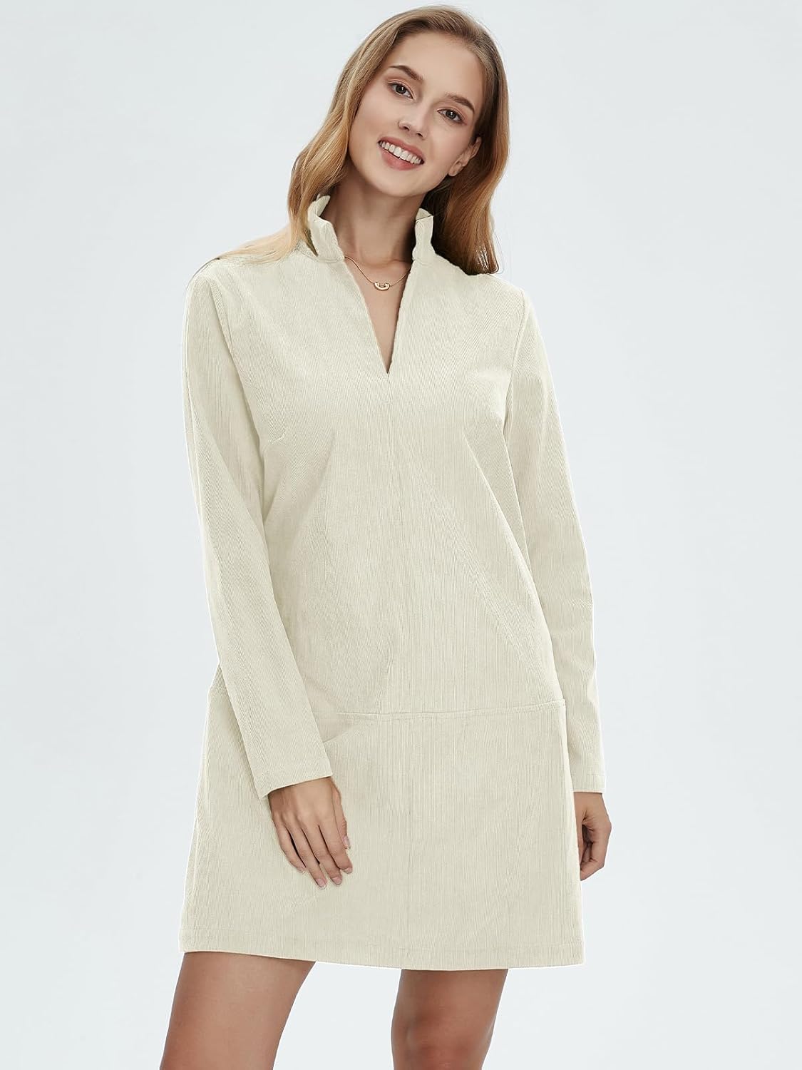 Women Corduroy Dress V Neck Long Sleeve Casual Vintage Retro A Line Mini Dresses - Image 3