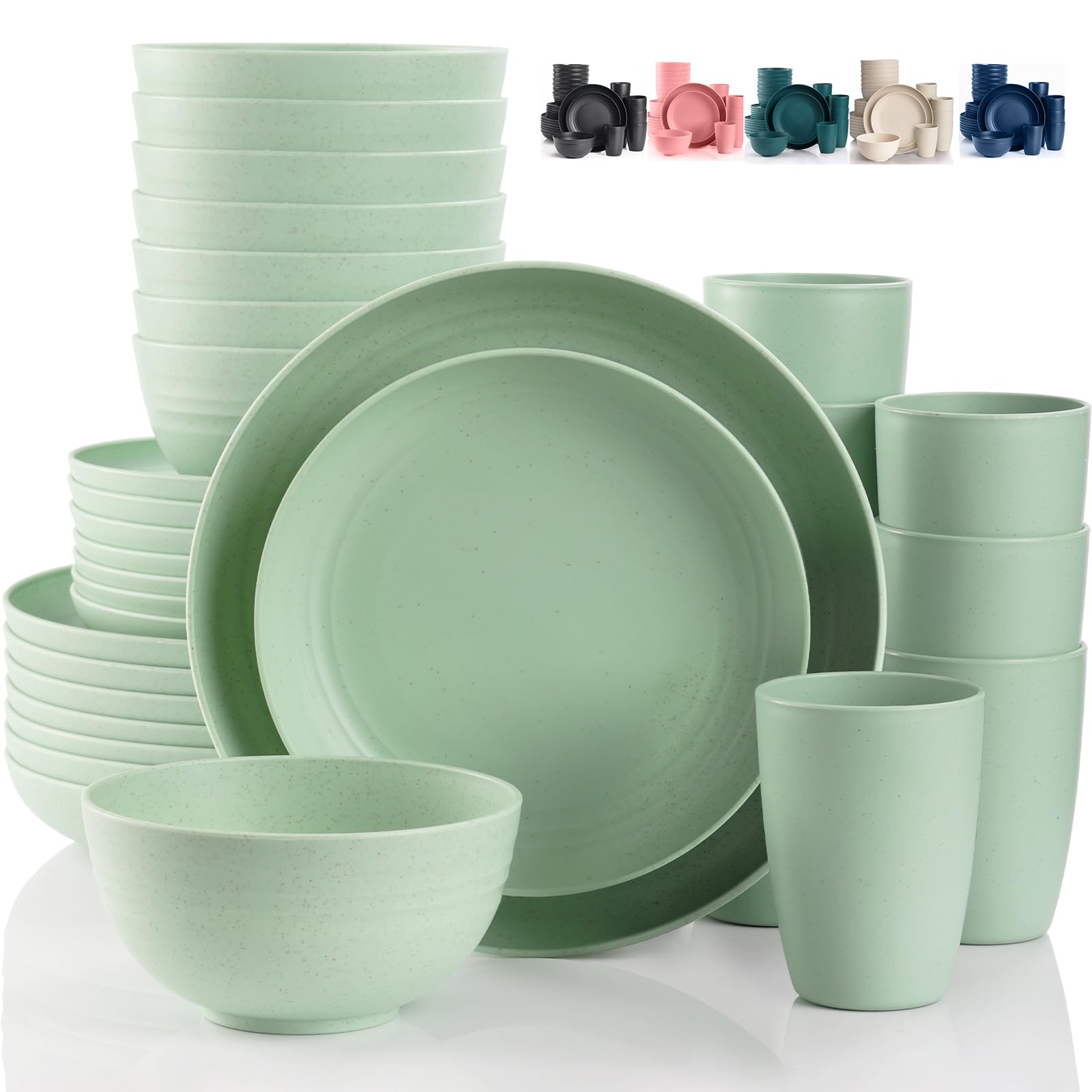 Gudvilla Camping Plates Cups and Bowls Set Green Reusable Microwave Safe Lightweight Unbreakable Plastic Dishes Set for Kids Elderly Kitchen Adults Outdoor,32 Pcs Wheat Straw Dinnerware Sets for 8