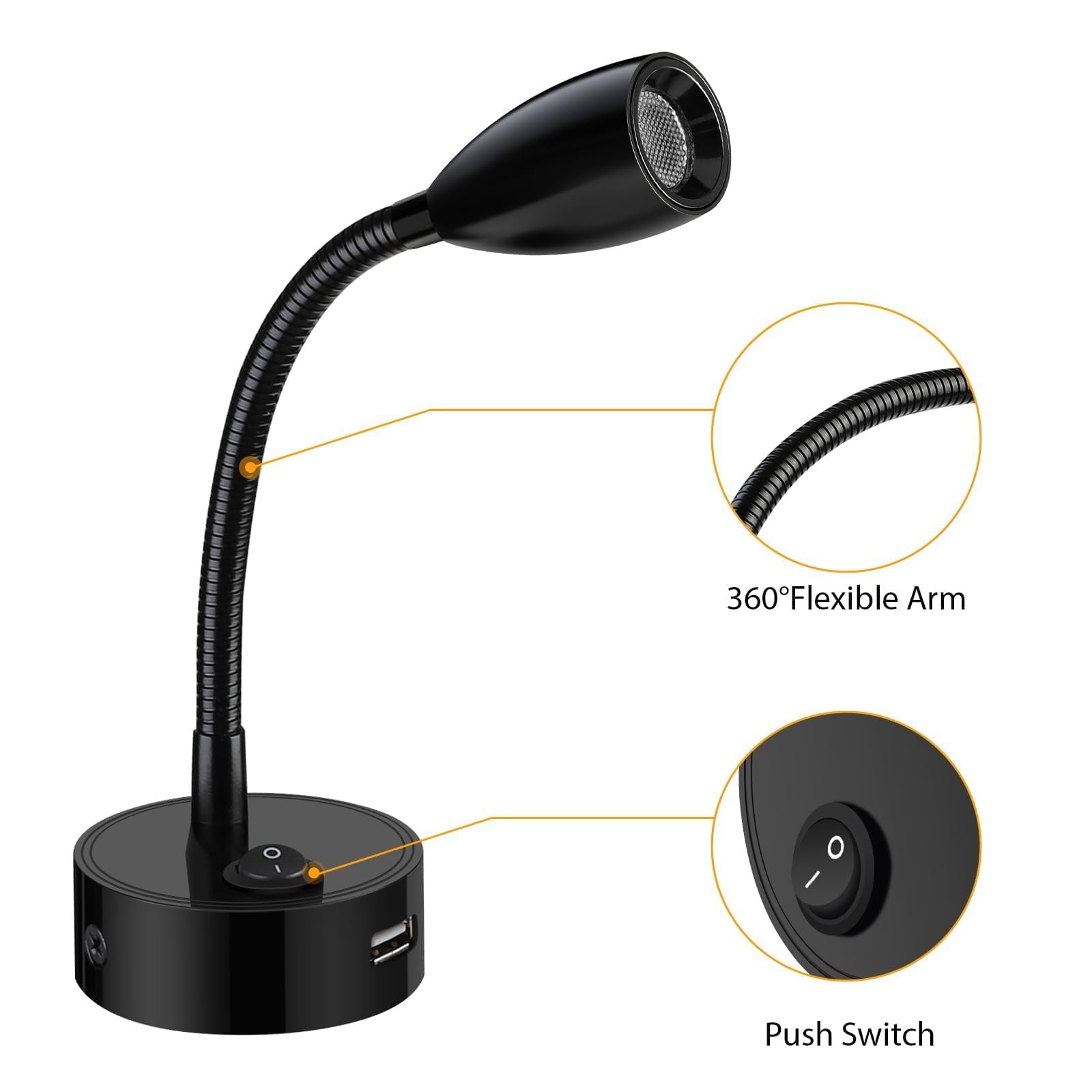 ERWEY 2er LED Lampa do czytania 12V Camper, 3W 3000K Lampa ścienna Lampa Łóżkowa z elastyczną gęsią szyją i portem ładowania USB DC12-24V Spot do łodzi, jachtu, vana oświetlenie wnętrza, czarny