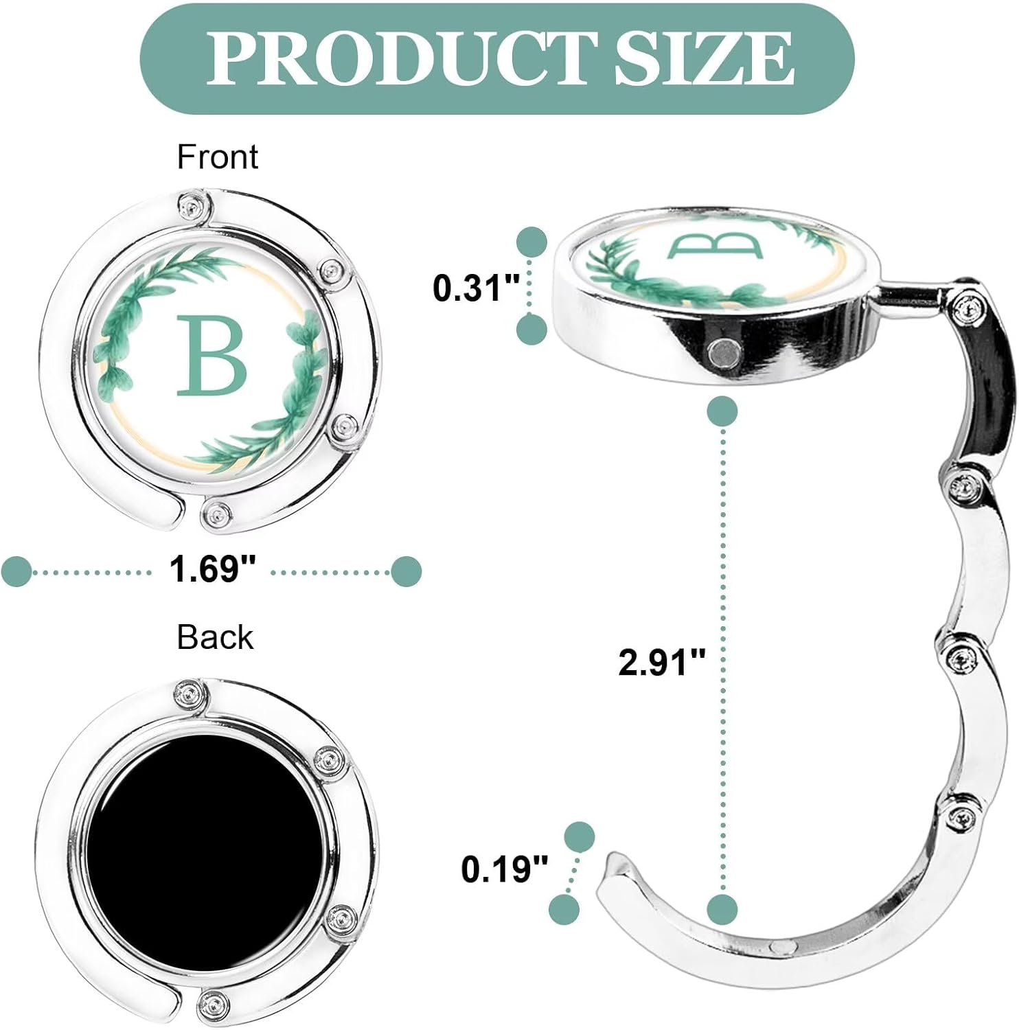 XSUIOY 3Pcs Personalized Initial Foldable Purse Hook for Table,Crushed Flower Letters Folding Purse Hanger,Purse Holder Handbag Hanger Collection Desk Table Bag Hooks Gifts for Women Bag(Green-B) image 2