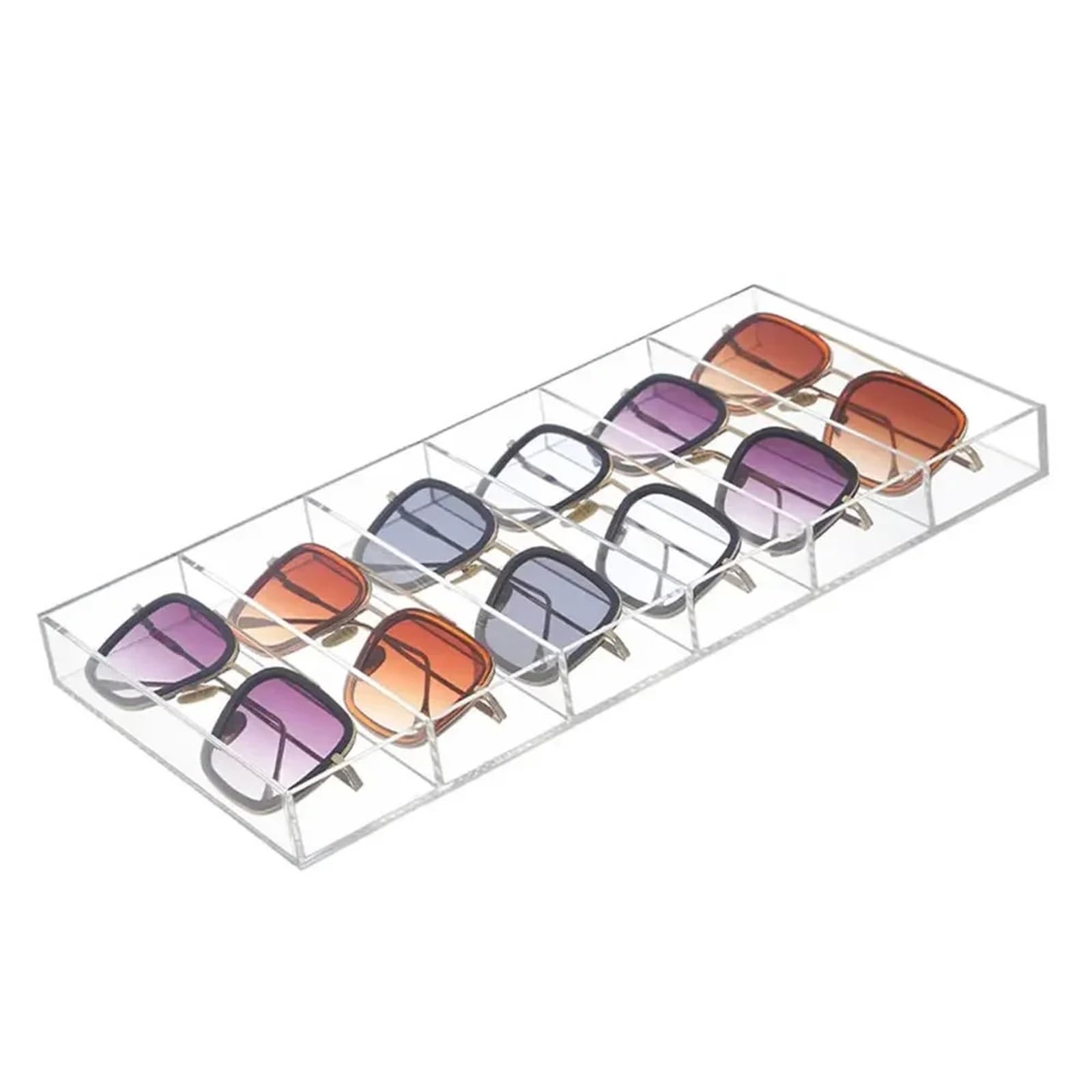 Paquete de 2 bandejas transparentes for exhibición gafas sol con 6 compartimentos, estuche almacenamiento organizador cajones for joyas, bandeja maquillaje Para Gafas Joyería Reloj