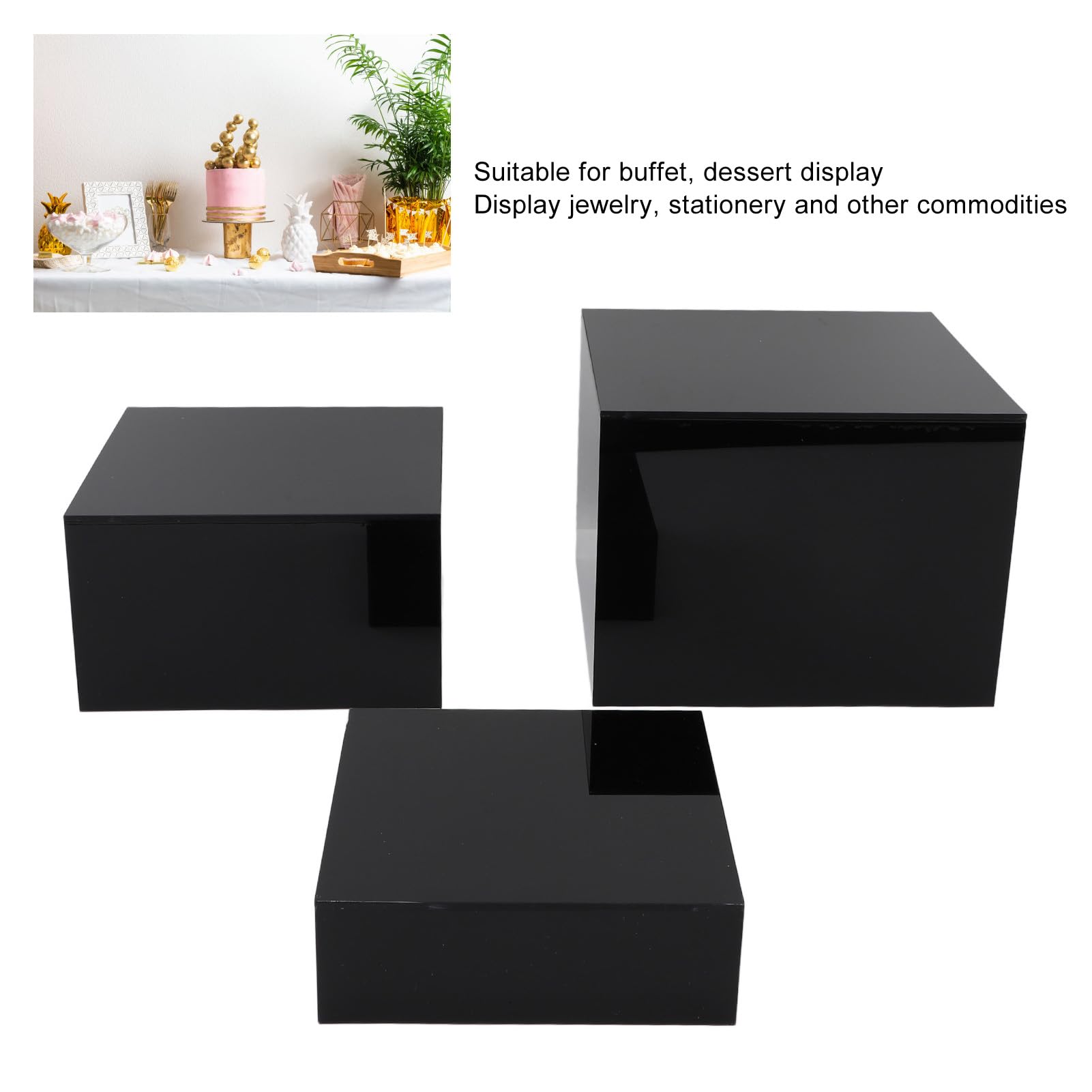 Confezione da 3 alzate in acrilico per tavolo da dessert, design impilabile cubico per mostrare torte, snack, gioielli, alzate trasparenti per buffet, facili da mantenere, 3 misure (nero)