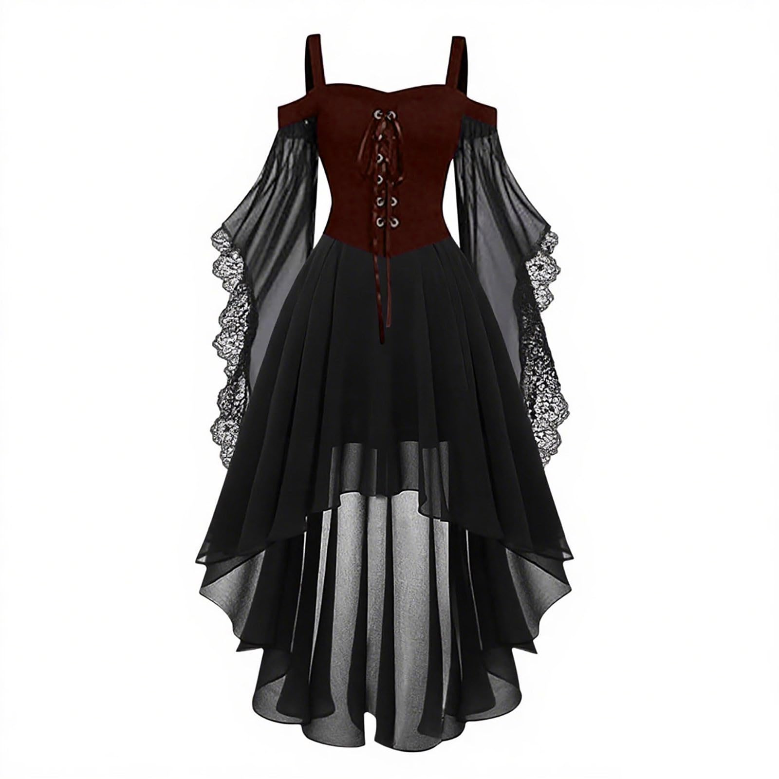 HAOLEI Medieval Costume Women, Halloween Dresses Vintage Lace Renaissance Victorian Dress Cold Shoulder Butterfly Sleeve Retro Steampunk Rockabilly Goth 80s Dress Ladies