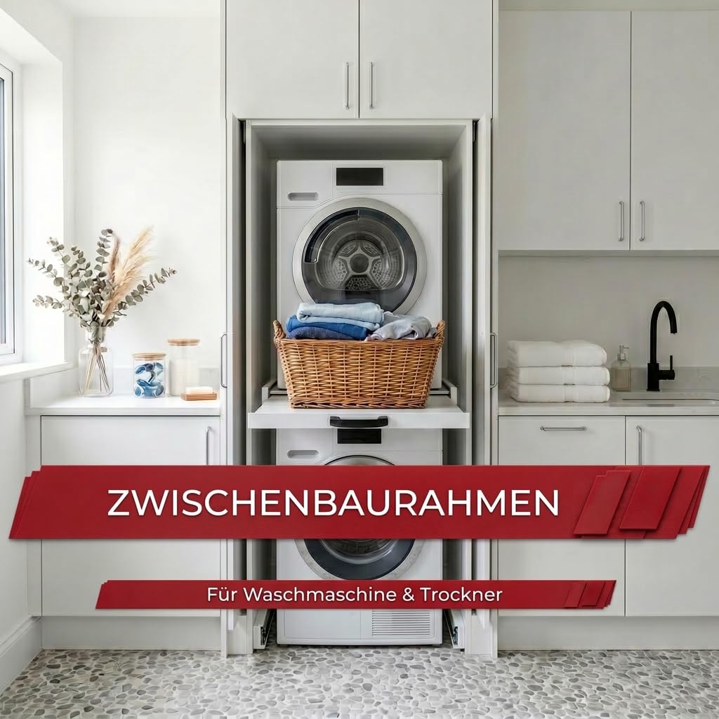 Valo Metall Zwischenbaurahmen für Waschmaschine und Trockner, Weiß, 60 x 54 cm, Universal Stapelkit mit ausziehbarer Ablage, Tragkraft 100 kg, Stapelbausatz mit Spannband für Waschküche