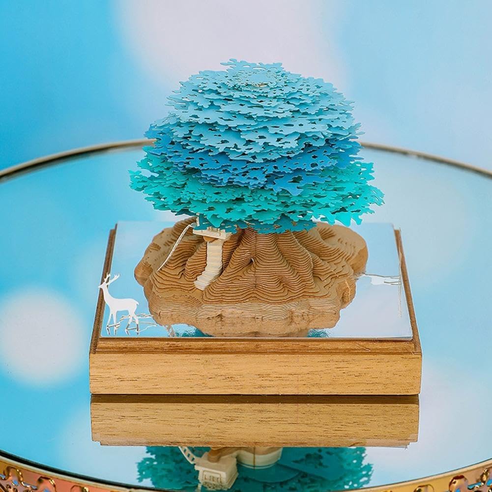 Notes samoprzylepny 3D Paper Sculpture Art, Panorama czterech pór roku Domek na drzewie Stereoskopowa kolekcja papieru Ręcznie robiony prezent oświetleniowy z paskiem papieru(Blue)