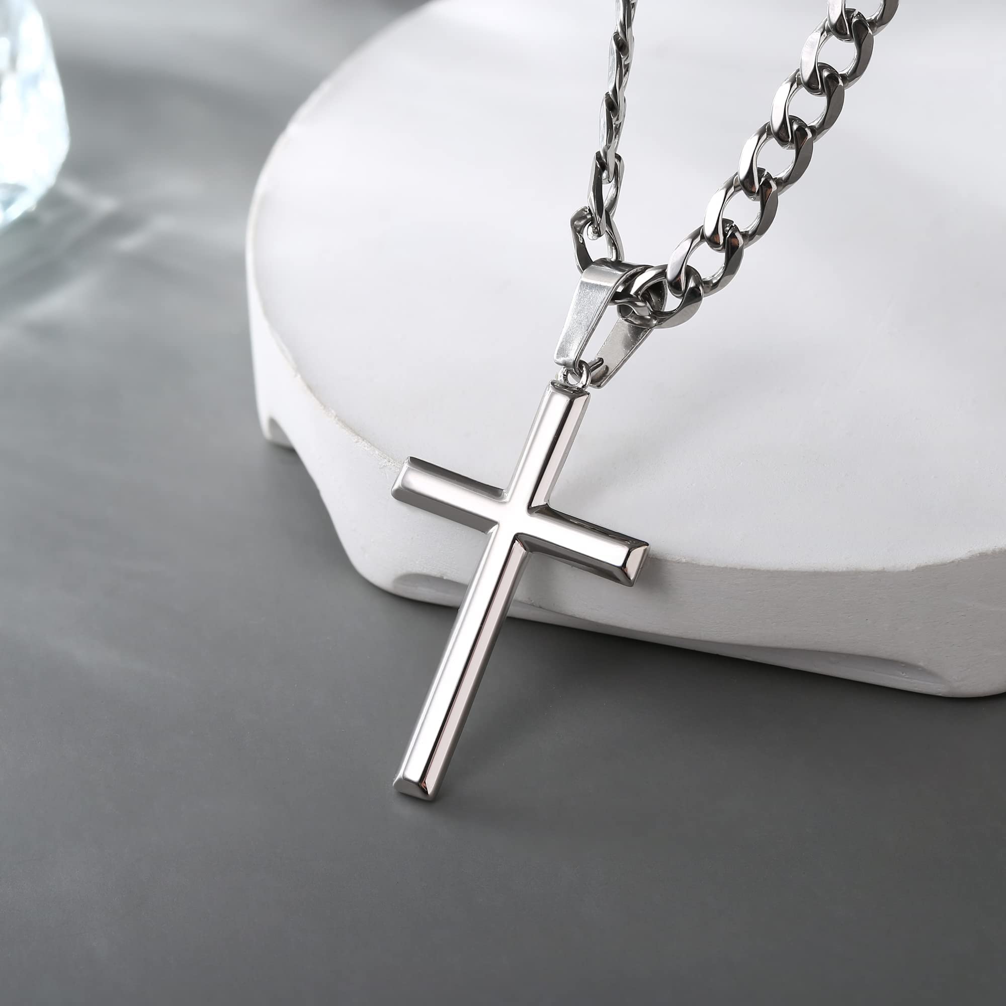 Chriscoco Collar Cruz Hombre Plata de Ley 925 Hombre Mujer 5MM Acero Inoxidable Cubano Cadena Collar con Colgante Cruz Cadena Plata para Hombre y Niños