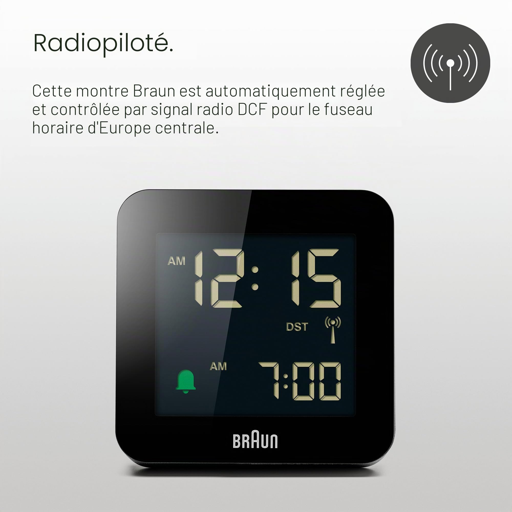 Braun Réveil numérique radiocommandé pour Le Fuseau horaire de l’Europe Centrale (DCF) avec Fonction Snooze, écran LCD négatif, réglage Rapide, bip de l’Alarme en Crescendo, en Noir, modèle BC09B-DCF
