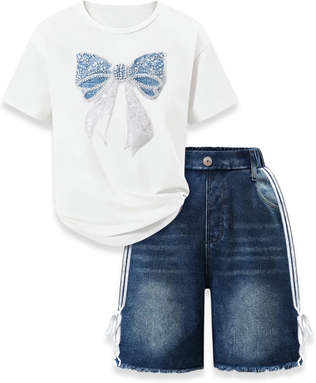 Size 7-14Y Teen Girls Clothes 2 Piece Outfit Cute Bow T-Shirt Top Striped Wide Leg Denim Shorts Summer Clothing Set