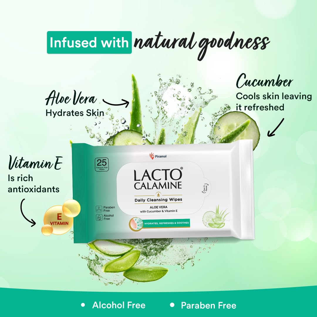 Lacto Calamine Daily Cleansing Face Wipes 25N Each - Pack of 6 | Makeup Remover Wipes | Wet Tissue for Face with Aloe Vera, Cucumber & Vitamin E | Wet Wipes for Women & Men | Paraben & Alcohol Free 2