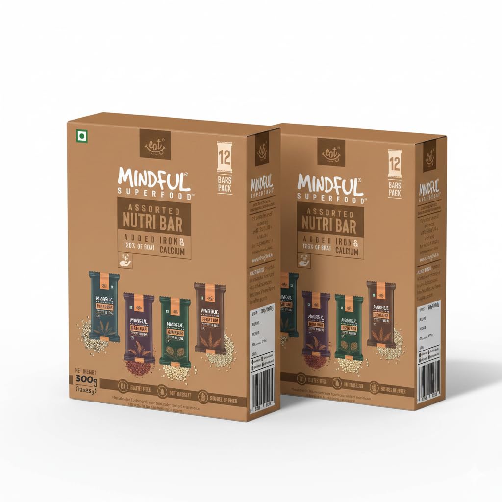 Mindful Healthy Assorted Millet Energy Bar | Gluten Free & High Fiber | Energy Bar Sugar Free | High Protein Bar | Healthy Bar & Breakfast Protein Bar | Millet Bar/Energy Bar-300gm (24pcs of 25gm)