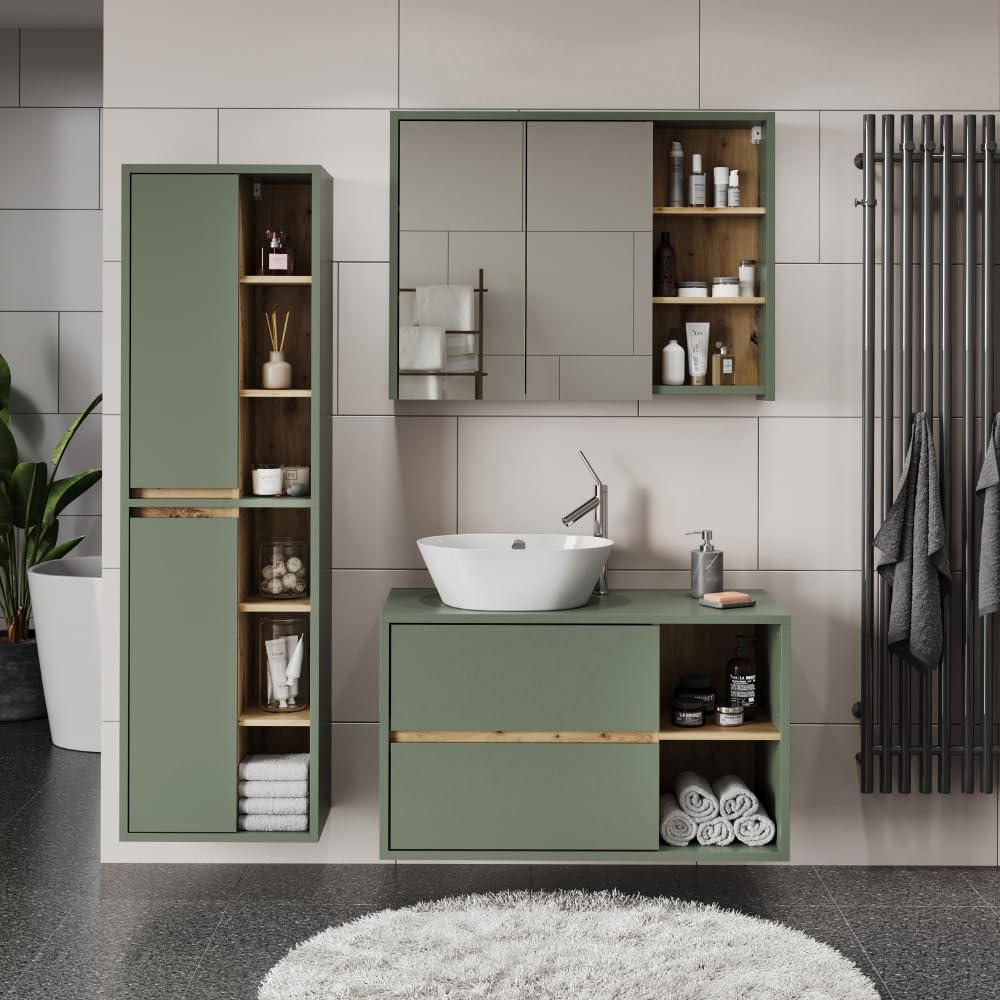 Vicco Conjunto de Muebles de Cuarto de baño Viola, Verde/Artesano, 100 cm | compuesto por mueble bajo lavabo, espejo con armario y columna de baño