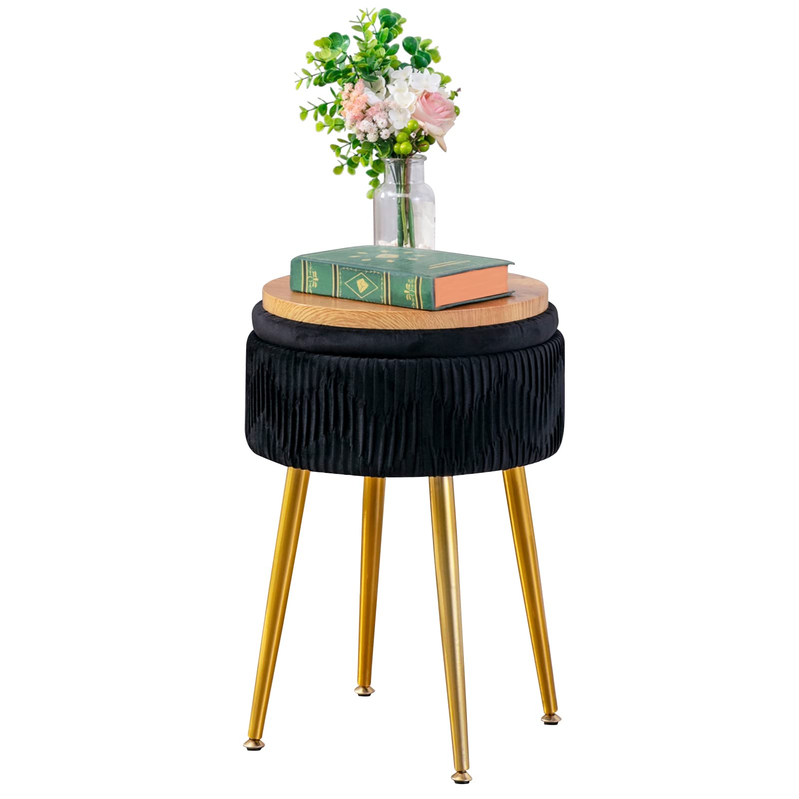 Buy Black Vanity Stool Chair with Storage, Round Velvet Ottoman Foot
