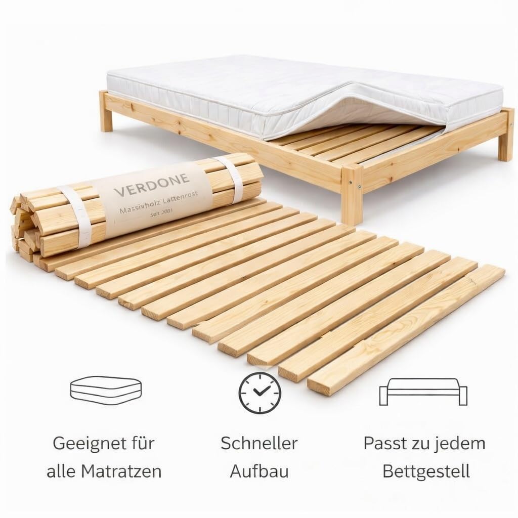 Verdone Rollrost Premium Lattenrost 140x200 cm aus Massivholz – mit 23 extra stabilen Latten, vormontiert, rollbar & stapelbar, Bettrost als Matratzenunterlage, 34 mm Leistenabstand