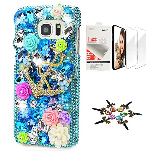 STENES Sparkle Case Compatible with Samsung Galaxy A42 5G Case - Stylish - 3D Handmade Bling Rose Flowers Big Anchors Design Cover Case with Screen Protector [2 Pack] - Blue