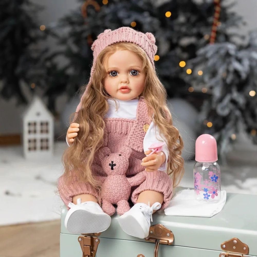 Reborn Baby Puppe, 55 cm Lebensechtes Kleinkind Mädchen mit Langen Lockigen Haaren, Realistisches Geburtstaggeschenk mit Zubehör