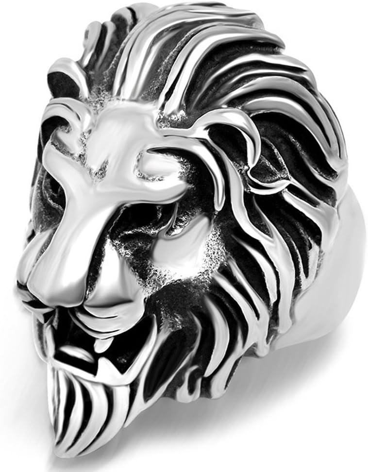 316L Titanium Steel Vintage Big Lion Head Punk Rock Gothic Ring Mens Biker Personalized Cool White Band