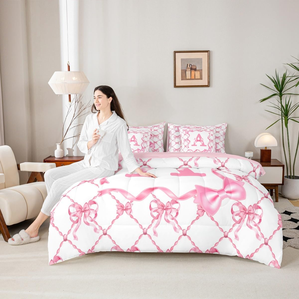 Erosebridal 7Pcs Kids Comforter Set with Sheets for Girls Coquette Bow Bed in A Bag Queen Size Initial A Pink Bowknot Girls Bedding Sets Princess Monogrammed Sheets Set with Comforter