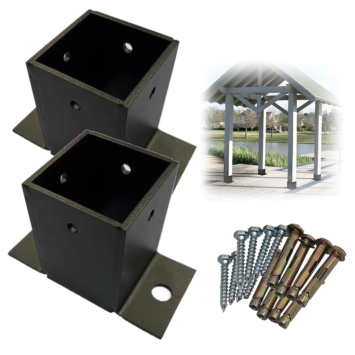 Paquete de 2 Anclajes de Brida Cuadrados de Acero Inoxidable, Soportes de Poste atornillables, Soportes para Postes de barandilla/Placas de Montaje para terraza (151 x 151 x 100 mm)