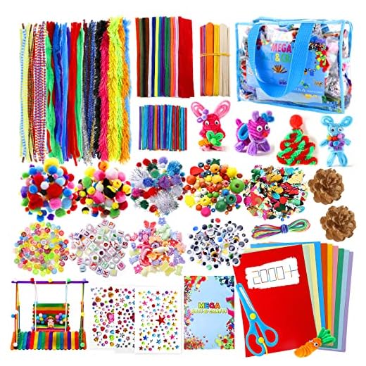 Manualidades Niños 5 6 7 8 Años, 2000+PCS Creativo Kit Manualidades DIY Arts Crafts Materiales, Juegos de Manualidades con Limpiadores de Pipa, Pompoms, Conos de Pino, Papel de Colores, Pegatinas