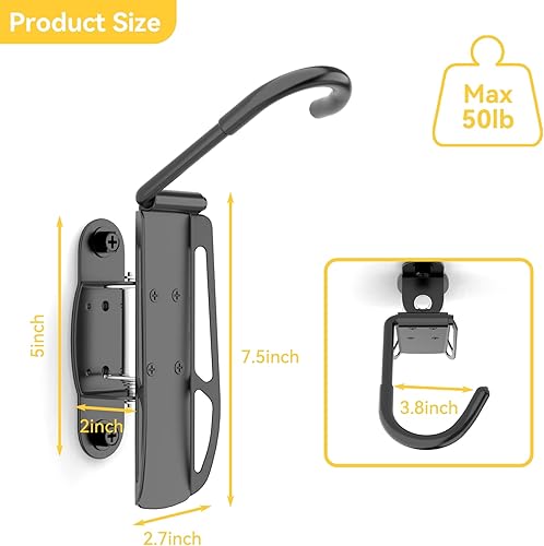 Miniatura 5 de WALMANN Ganchos giratorios de pared para bicicleta, ganchos verticales para pared de garaje, ahorro de espacio, soporte para bicicleta para garaje,