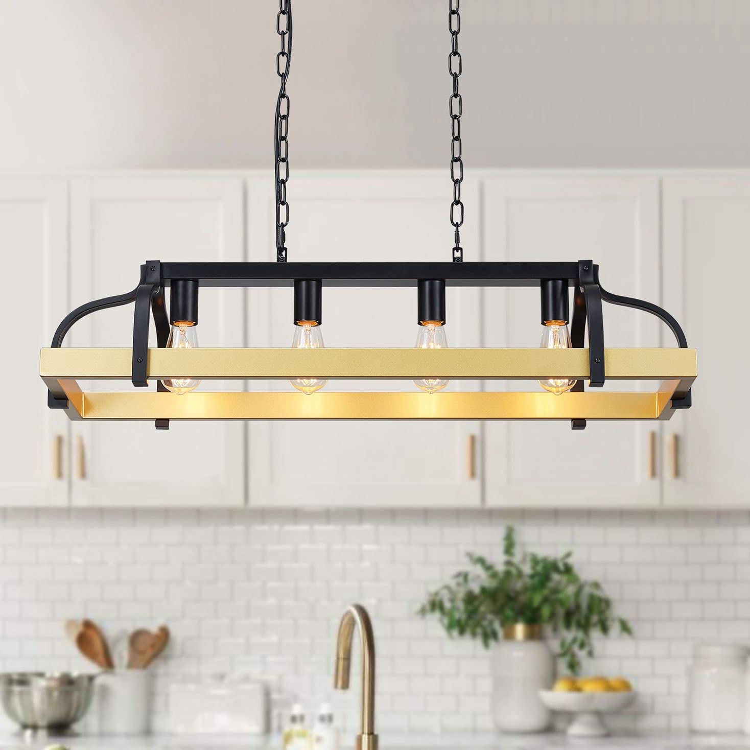 WUZUPS 4-Light Metal Pot Hanging Rack Chandelier Linear Pendant Ceiling Lighting Rustic Farmhouse Fixture Kitchen Island Dining Room, H25 x L88 x W30, E27 Base, Black & Gold — image 1