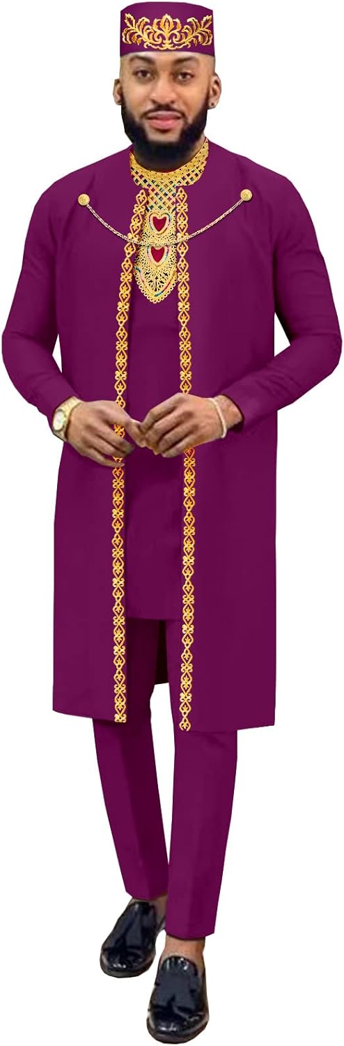 African Clothes for Men Embroidery Blazer Shirts Pants Hats 4 Piece Set Chain Dashiki Outfits for Wedding Evening