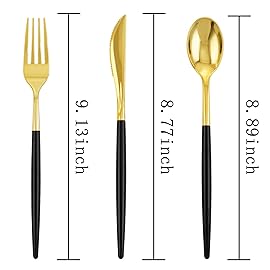 I00000 300Pcs Black Plastic Silverware, Happy New Year Gold Disposable Silverware, Black and Gold Plastic Utensils Include 100 Forks 100 Knives 100 Spoons,Disposable Cutlery for Wedding