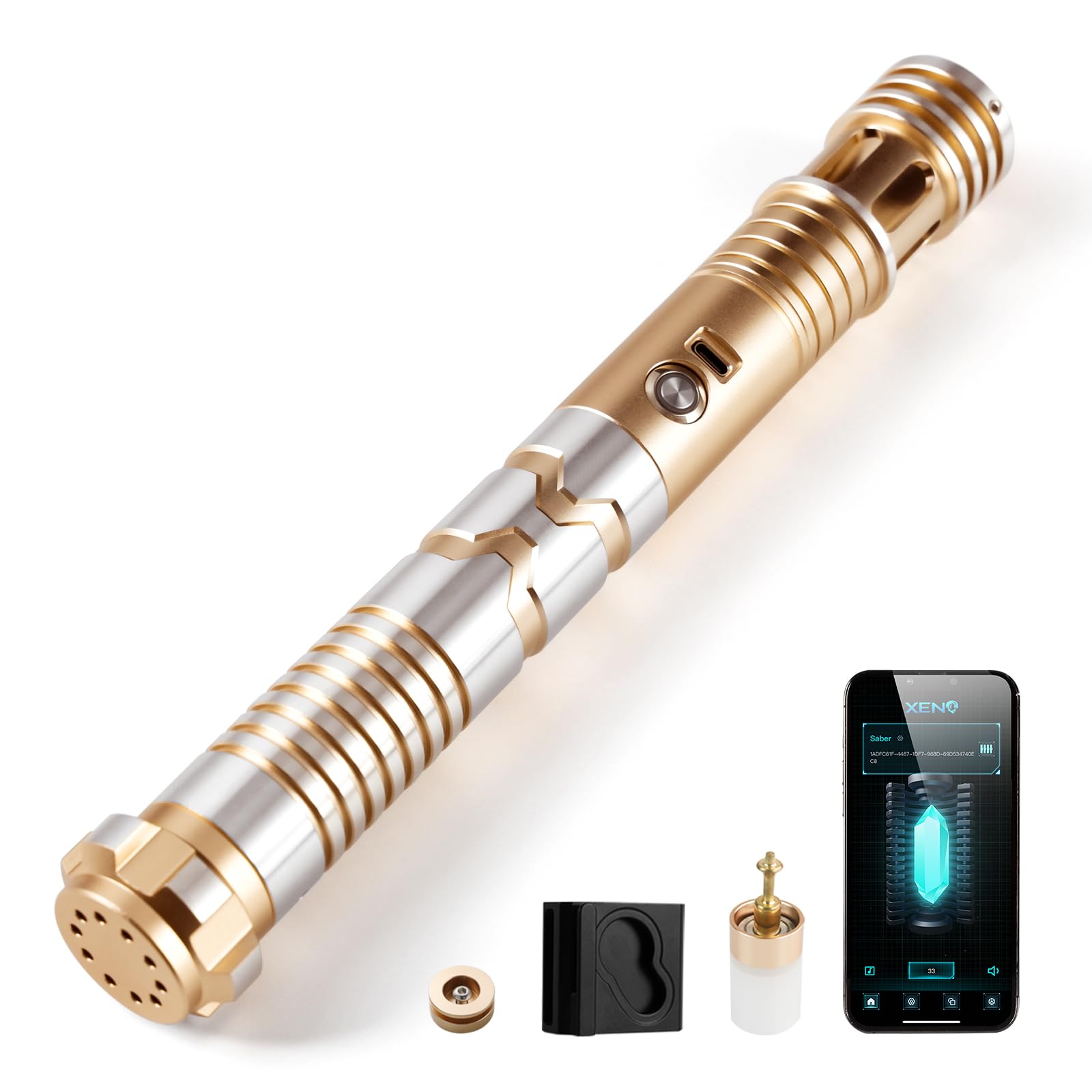 CUSTOM SABER Sensitive Smooth Swing Xenopixel Light Saber, Motion Control to Ignite Blade, 12 Types Blade Mode, 34 Sound Fonts Infinite Color Changing, Rechargeable Light Saber-Gold