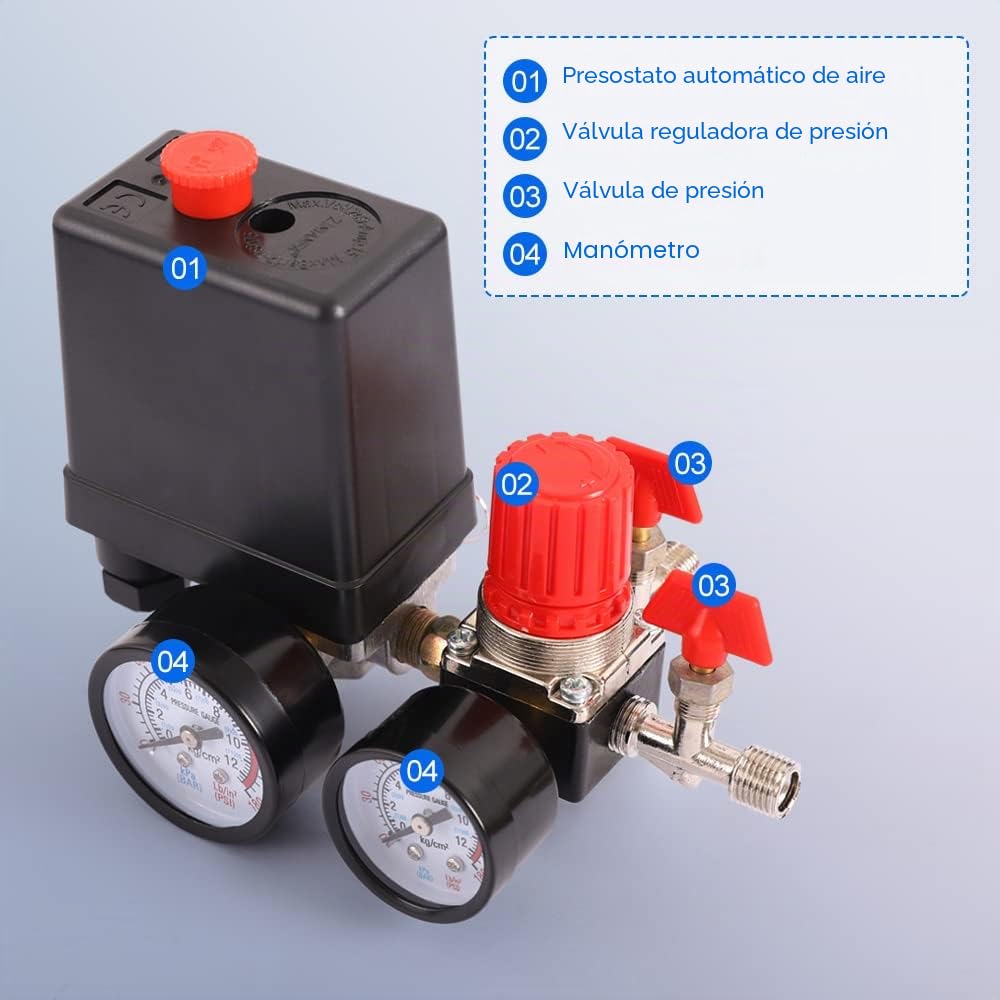 Válvula de compresor de aire con control 90-120PSI + regulador de presión
