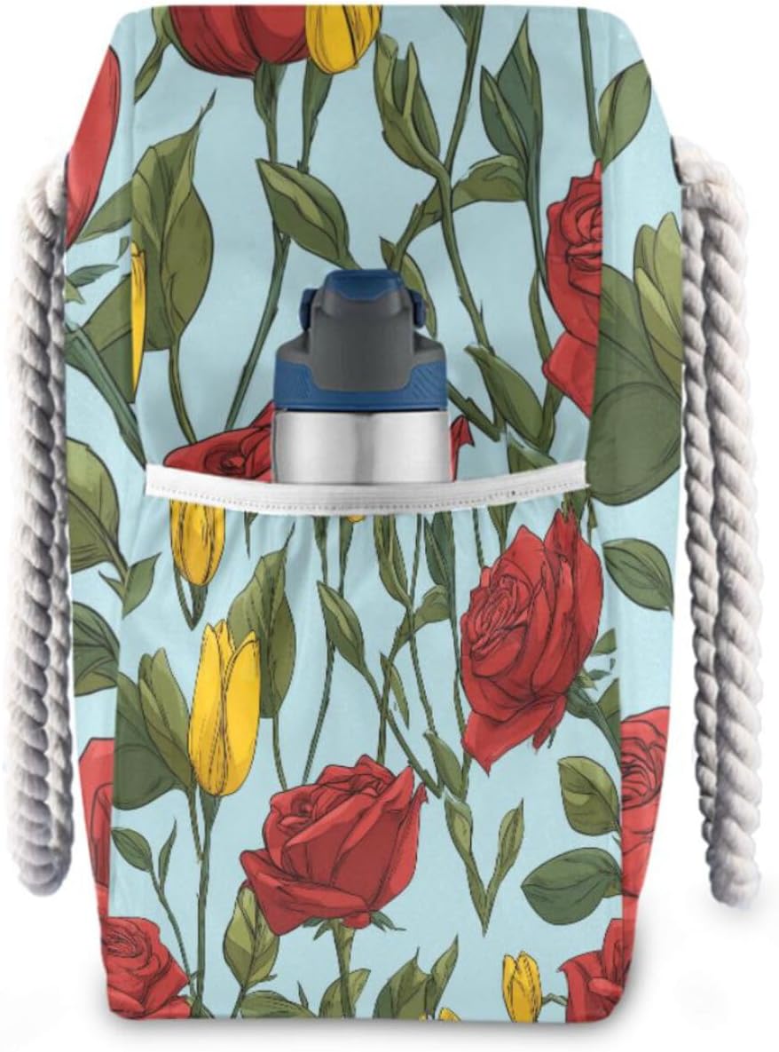 OTVEE Yellow Tulips and Roses Pattern Beach Bags for Women Ladies Large Canvas Tote Shoulder Bag Waterproof Travel Bags for Gym Swim Pool Camping