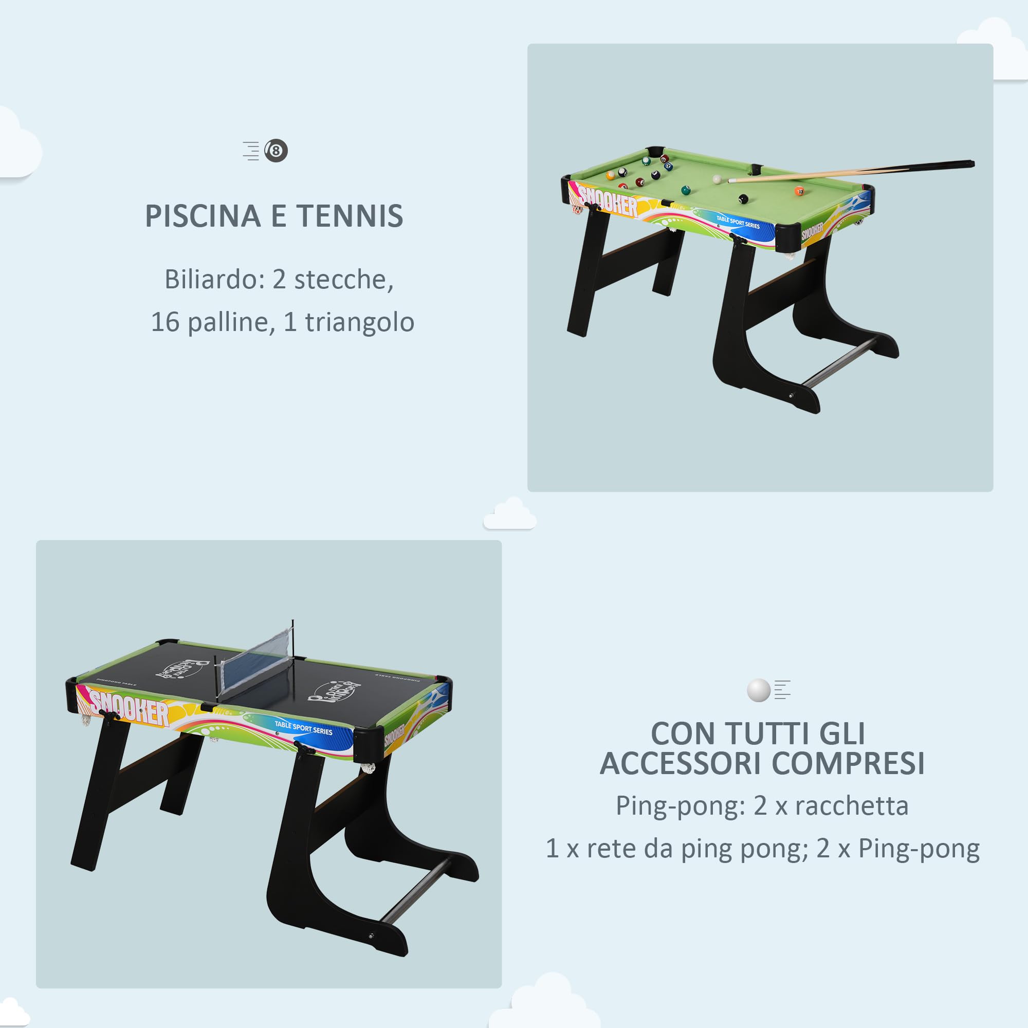 HOMCOM Tavolo da Gioco 4 in 1 per Calcio-Balilla, Biliardo, Air Hockey e Ping Pong con Accessori Inclusi, Tavolo Multigioco Pieghevole in MDF e Plastica, Multicolore