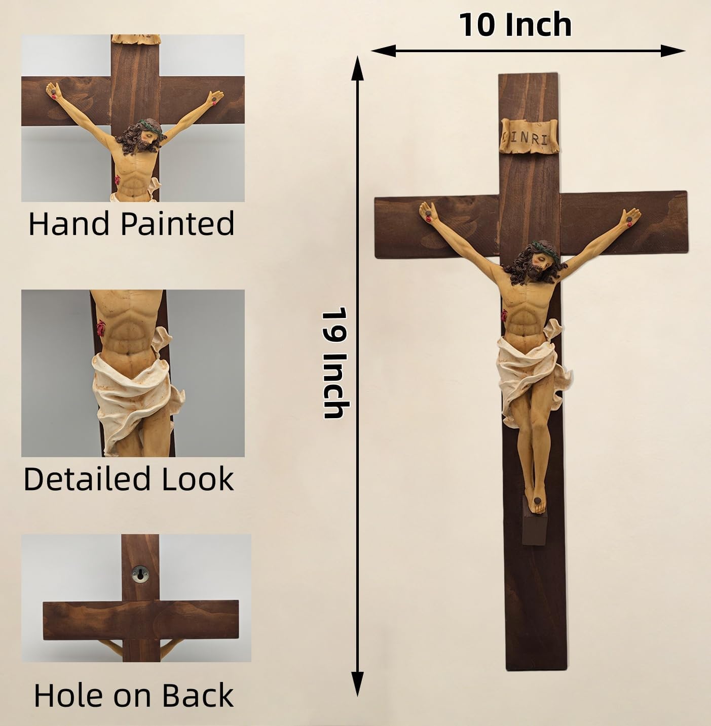 DurableDelights Jesus Crucifix Wall Cross, Large 19 Inch Wooden Cross with Hand-Painted Resin Christ Figure, Catholic Christian Wall Decor for Home or Prayer Room