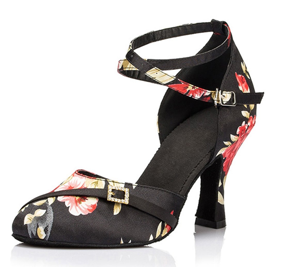 MGM-JoymodWomen's Closed Toe Ankle Wrap Floral Satin Buckle Social Dance Salsa Tango Ballroom Latin Modern Dance Shoes Evening Wedding Party Pumps