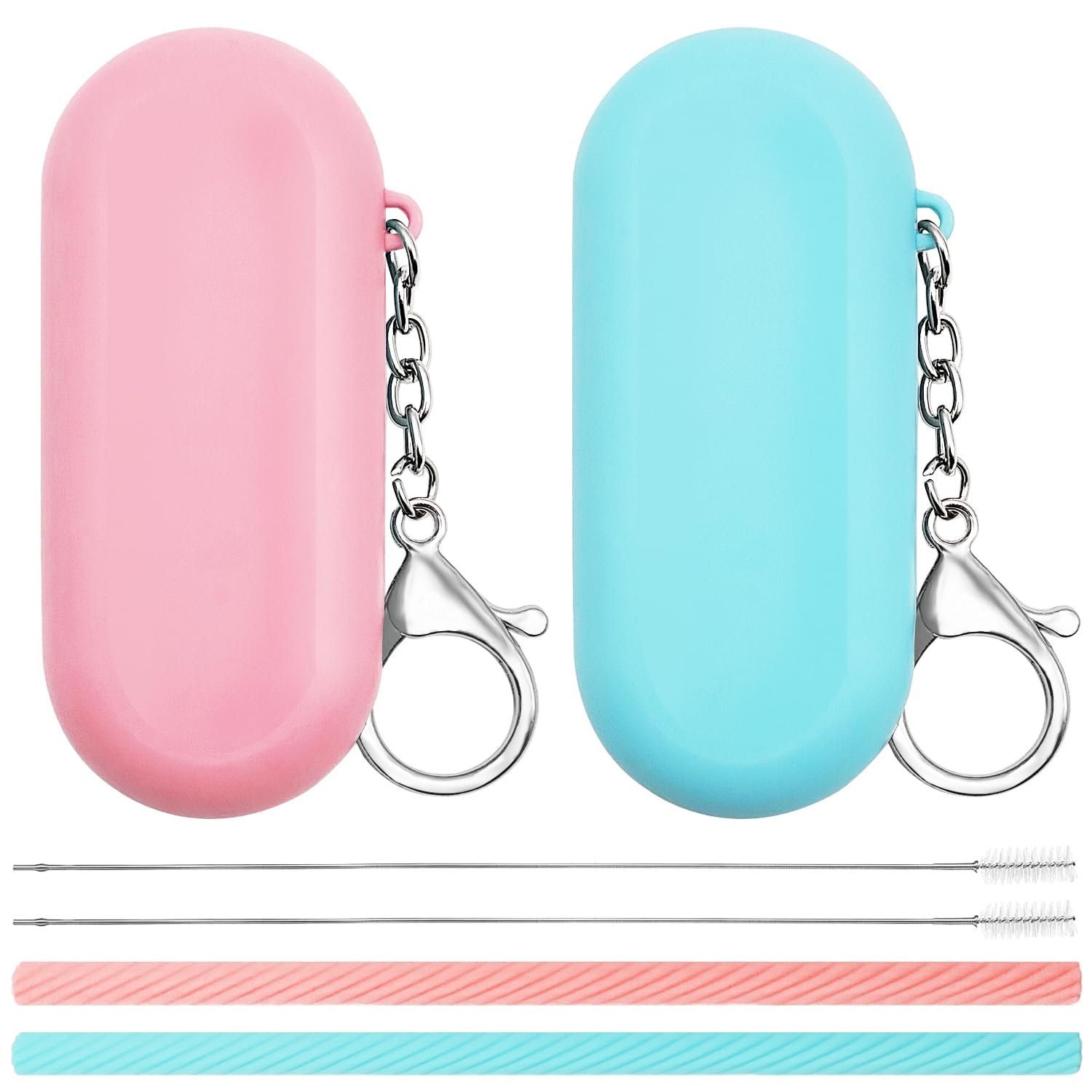 2 Set Silicone Straws with Case, Reusable Foldable Portable Straws + Deep Cleaning Brush + Carry Case with Keychain