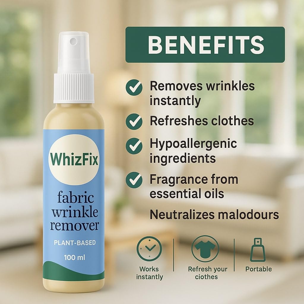 WhizFix Plant-Based Fabric Wrinkle Remover, Removes Creases And Odor, Clothes Wrinkle Remove, Refresh Clothes, Biodegradable And Non-toxic - 100 ml (Pack of 1) 1