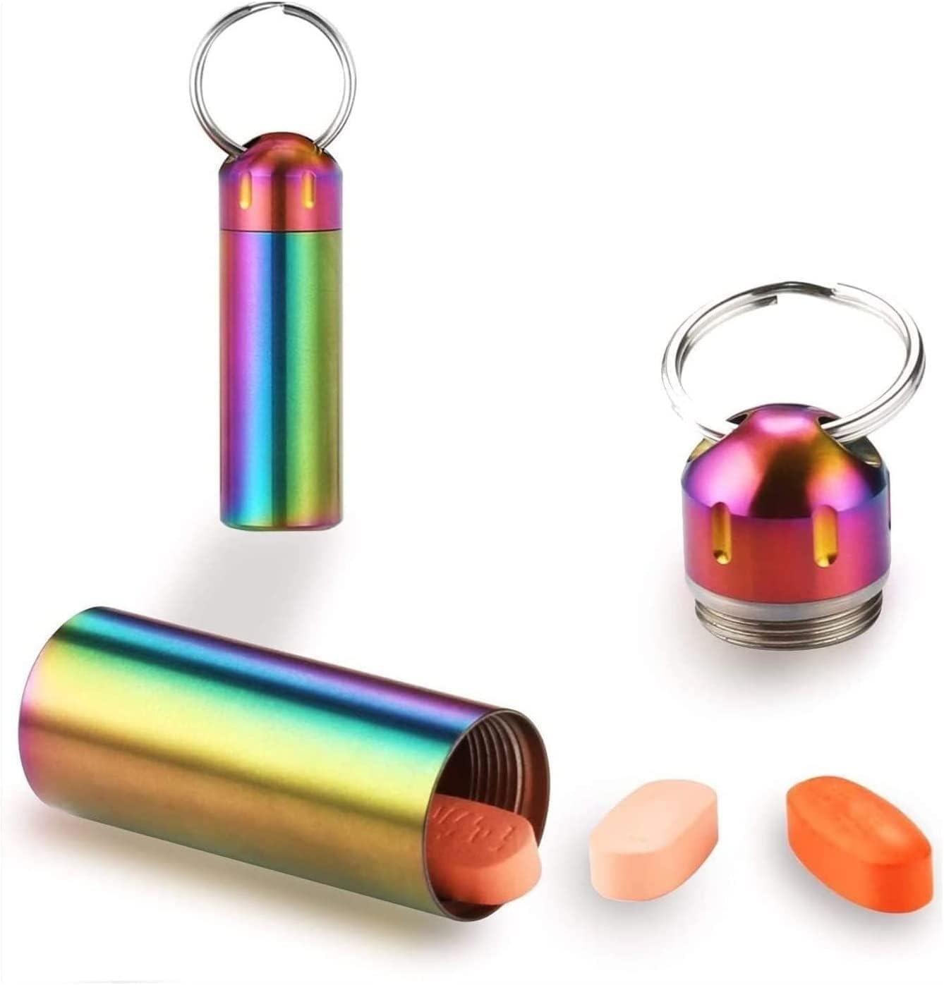 Tablet-Box, Reise-Pillenbox, wasserdichter Pillenhalter, Schlüsselanhänger, klein, Edelstahl-Pillenetui, Outdoor-Notfall-Pillenbox, 2er-Pack (Color : Rainbow)