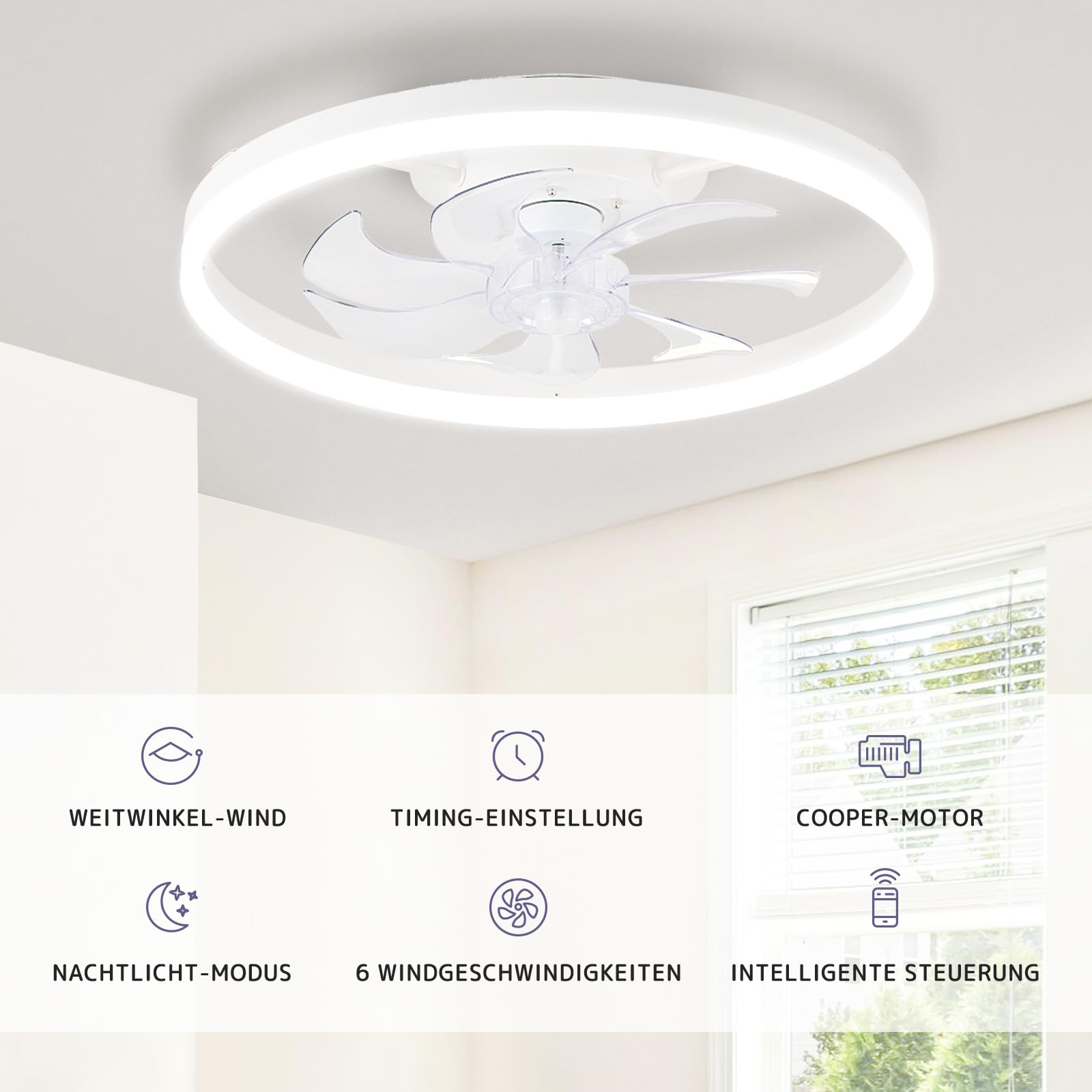 LES FLEURS Deckenventilator mit Beleuchtung, 50cm Smart-LED-Deckenleuchte mit Ventilator, Dimmbare Deckenventilatoren mit Beleuchtung Fernbedienung, für Wohnzimmer und Schlafzimmer (Weiße)