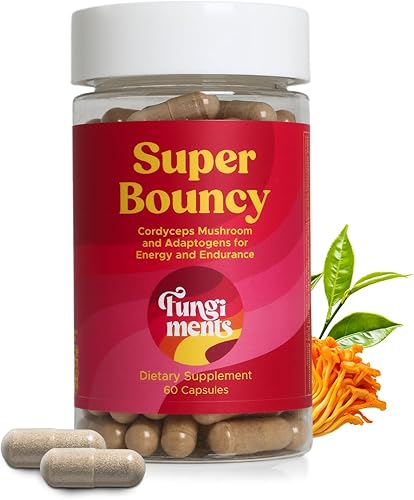 Fungiments Super Bouncy - Suplemento de hongos Cordyceps, té verde, ginseng, energía y concentración (60 cápsulas)