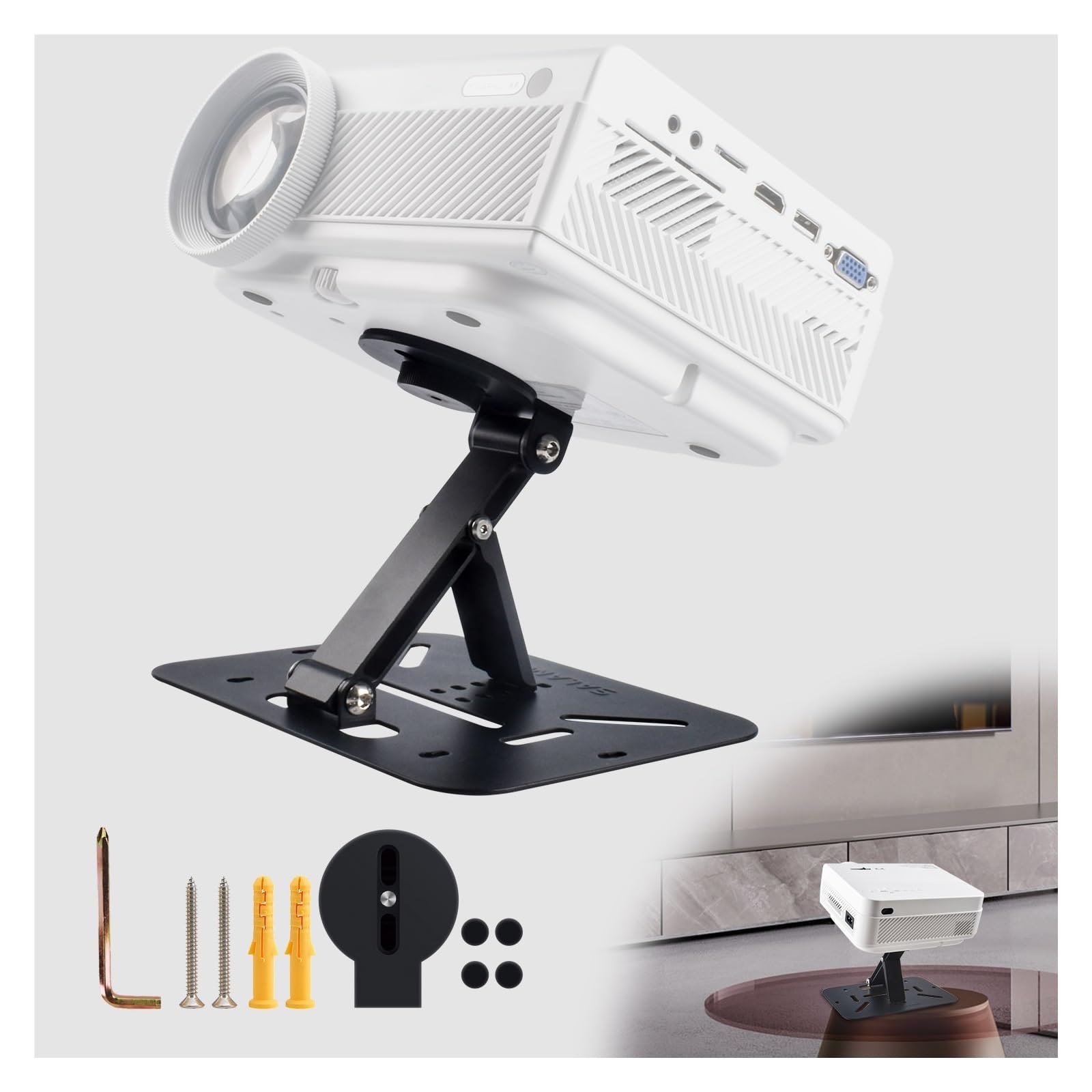Supporto for Proiettore, Compatibile Con Mini Proiettori Universali Con Vite Da 1/4 Di Pollice | Supporto pieghevole da tavolo e da soffitto con regolazione a 180 gradi(Sliver Holder)