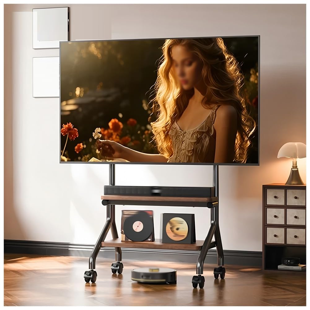 JKJZSALJ Solid Wood Mobile Tv Stand With Wheels, Swivel Floor Tv Mount For 50-85 Inch Tvs, Rolling Tv Cart, Portable Tv Stand For Living Room & Bedroom
