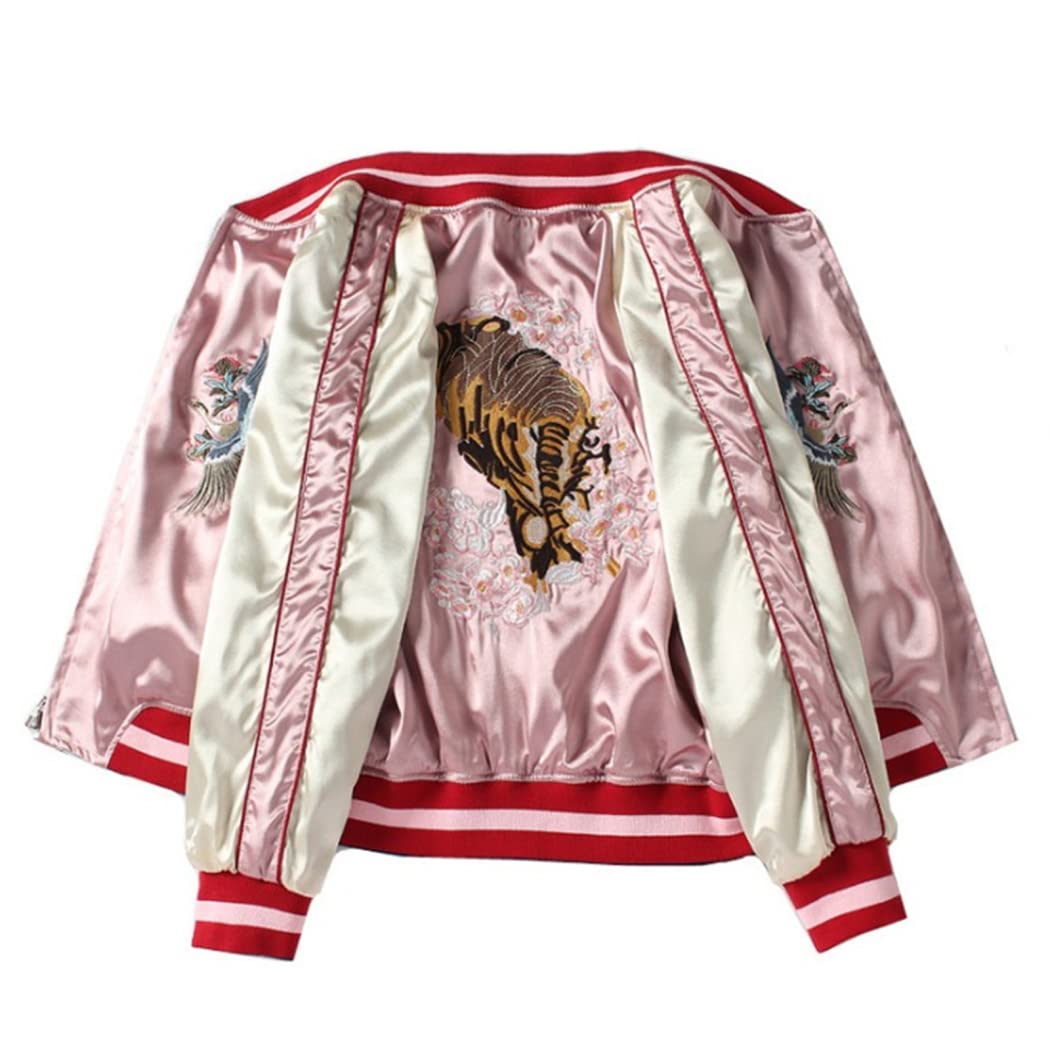 Satin Sukajan Tiger Embroidered Women Bomber Baseball Jacket Japan Harajuku Female Coat,Pink,L