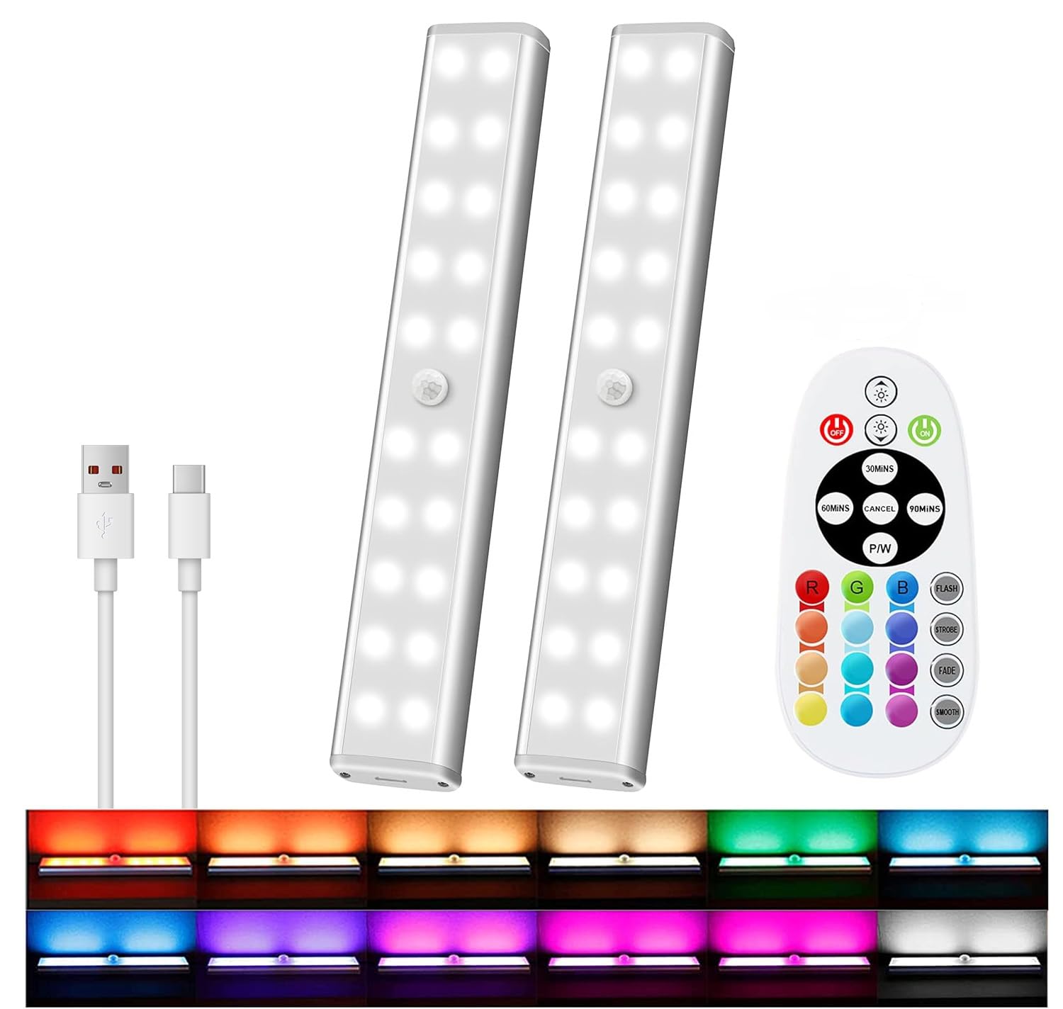 Iluminación RGB de 15 colores, luces recargables inalámbricas, 48 luces LED súper brillantes con control remoto, atenuación de 10 niveles y 3 temporizadores, luces debajo del mostrador para cocina
