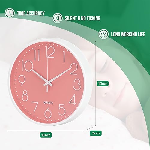 Miniatura 3 de Reloj de pared de 10 pulgadas sin tictac, silencioso, moderno, estilo simple, redondo, decoración redonda, color rosa melocotón, esfera