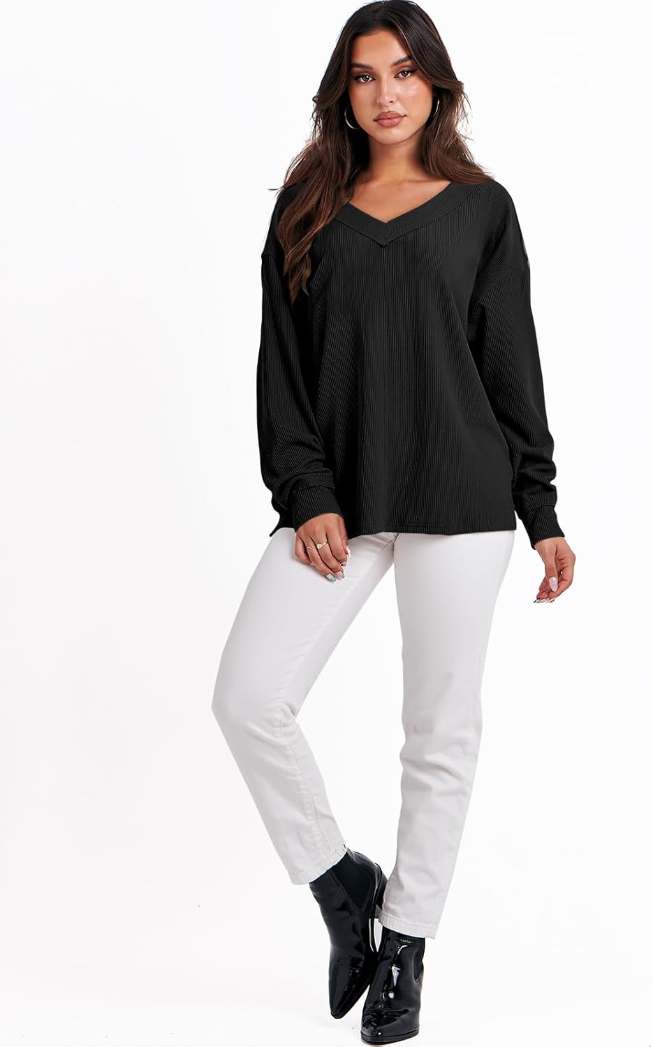 ANRABESS Oversized Long Sleeve Shirts for Women Off the Shoulder Sweatshirt Loose V Neck Tunic Tops High Low Sweater 2025 - Image 8
