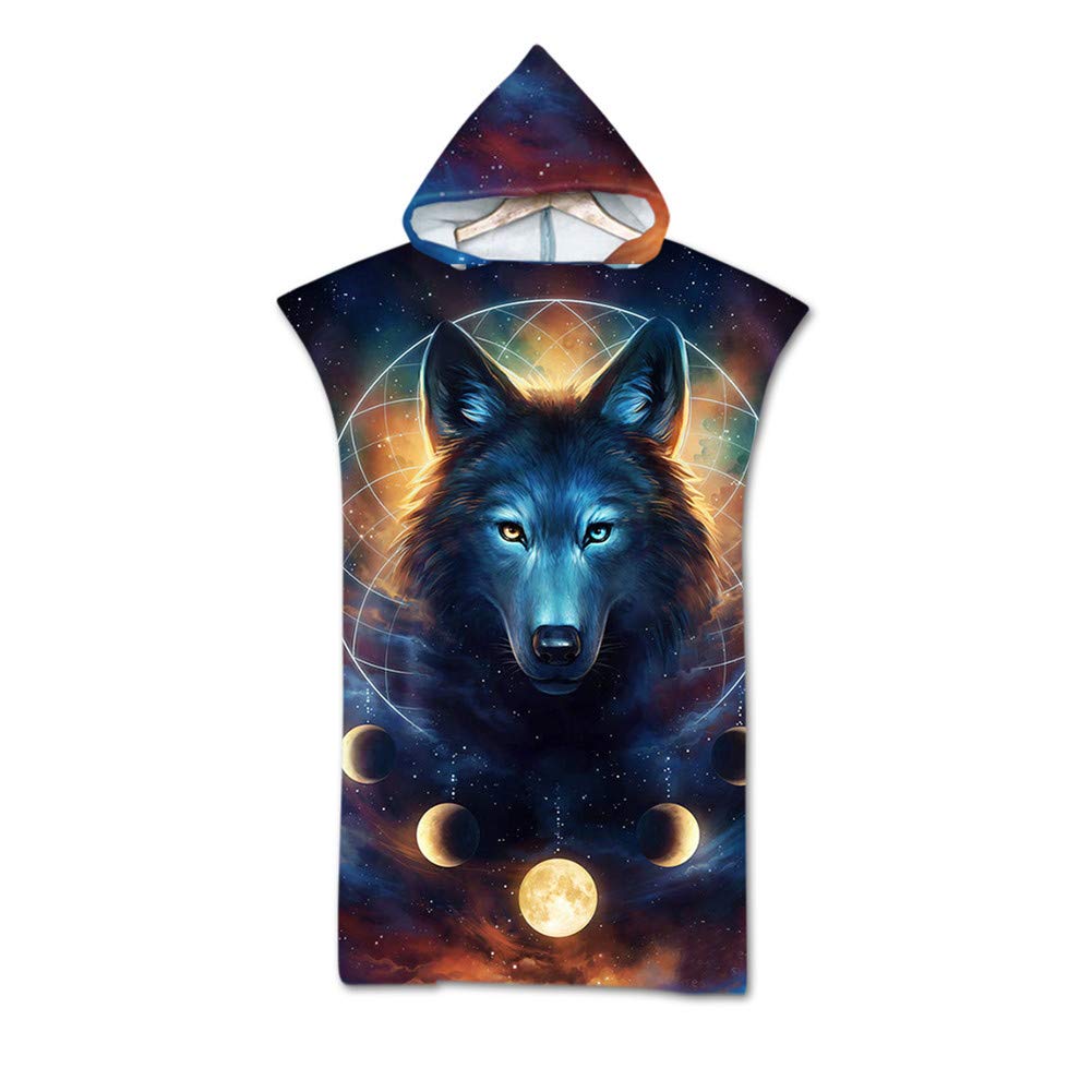 Treer Women's Moon & Wolf Hooded Towelling Changing Robe, Adult Men Summer Beach Poncho Towel Microfibre Light Weight Quick Dry Towel For Travel Swimming Surfing Wetsuit (75X110cm,)