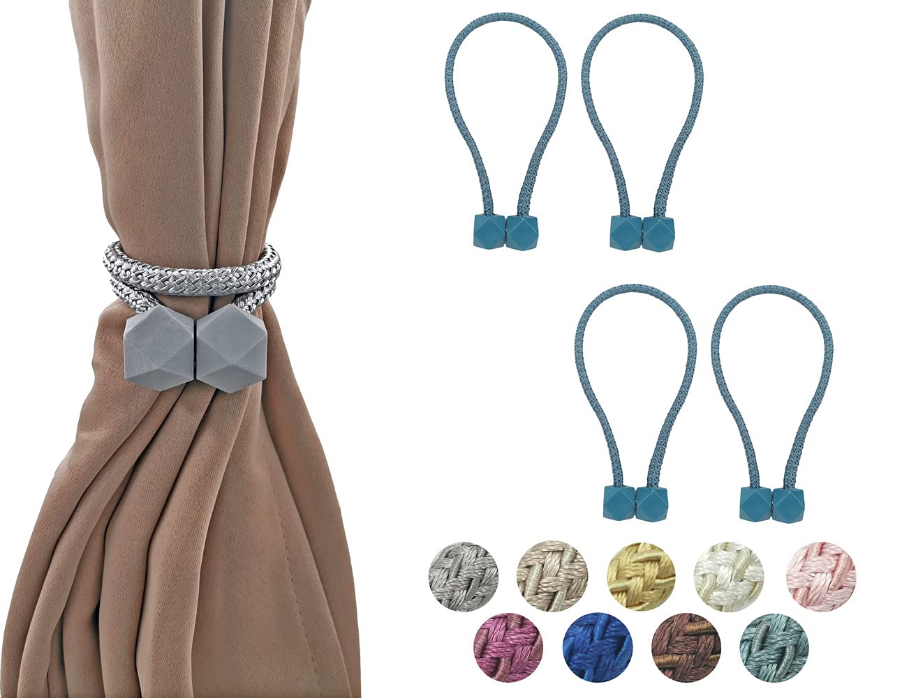HYX 4 Piece Magnetic Curtain Tiebacks Holdbacks, Modern Curtain Tieback Clips, Curtain Rope Holder Tie Backs, Decorative Hold Backs for Home Office Decoration (Teal)