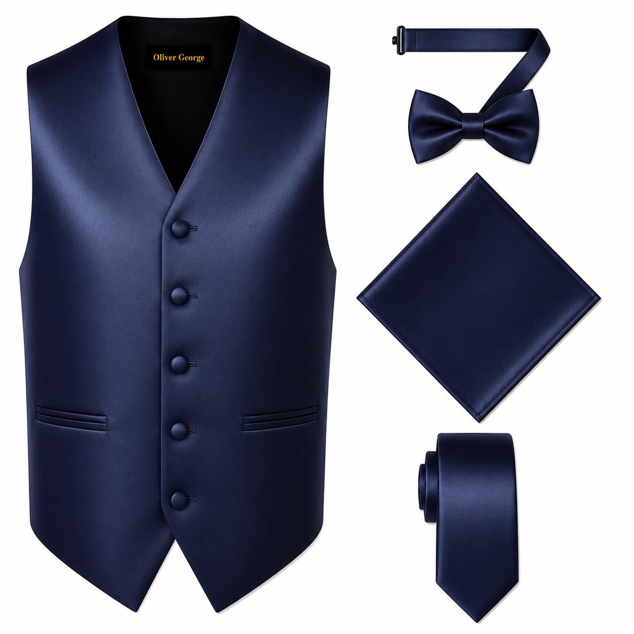 Oliver George 4pc Men's Solid Formal Suit Waistcoat Tuxedo Dress Vest Necktie Bowtie Handkerchief Set for Suit or Tuxedo