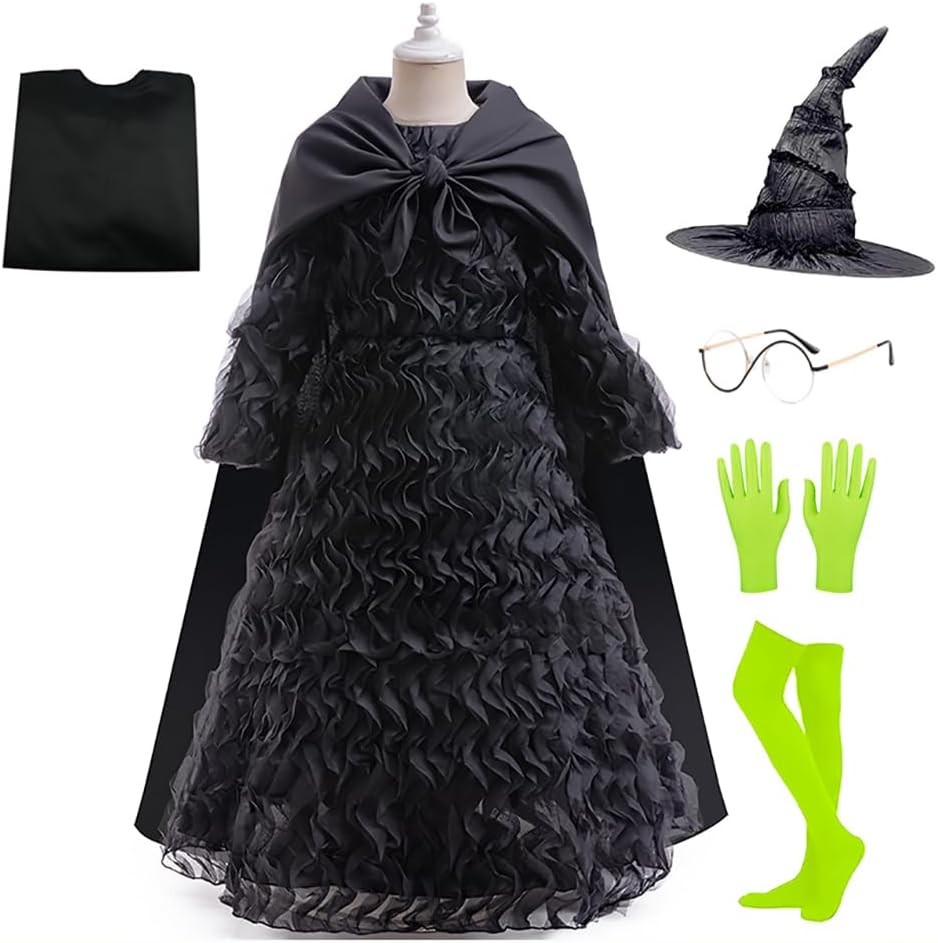 Halloween Girls Classic Witch Black Ruffled Dress with Pointed Hat Cape Glasses Green Gloves Stockings for Kids - Image 2